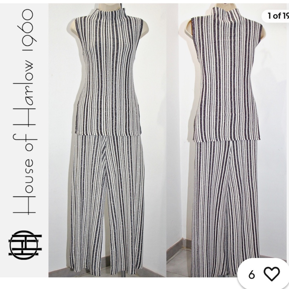 HOUSE OF HARLOW TWO PIECE SET TUNIC & WIDE LEG PANTS STRIPED METALLIC KNIT sz L